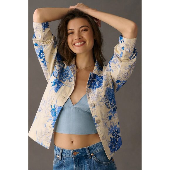 Anthropologie Porridge Ria Boxy Shirt Jacket Embroidered Spring Blue Off-white - Picture 3 of 15